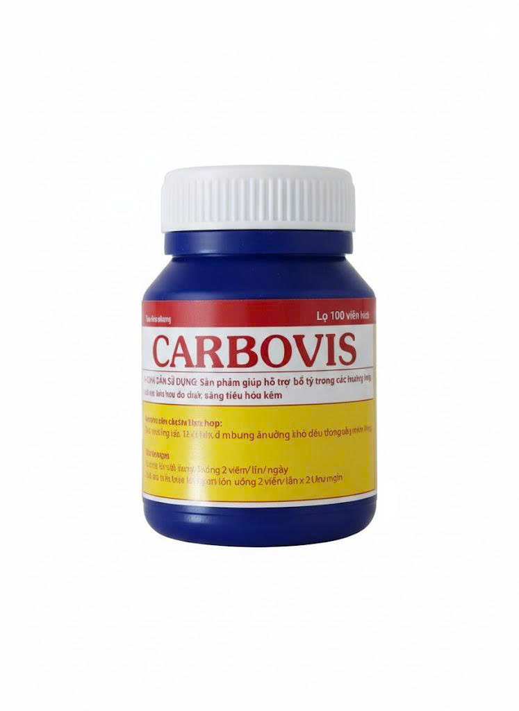 CARBOVIS ( THAN HOẠT TÍNH 45MG, CALCI CARBONATE 35MG, TRICALCI PHOSPAT 20MG, CAO CAM THẢO 15MG, CAO MỘC HƯƠNG 12MG ) LỌ 100 VÊN
