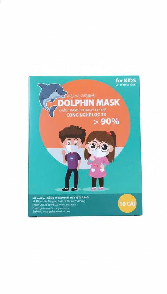 KHẨU TRANG TRẺ EM DOLPHN MASK 3D MÀU XANH  HỘP 10 CÁI - GIA BẢO