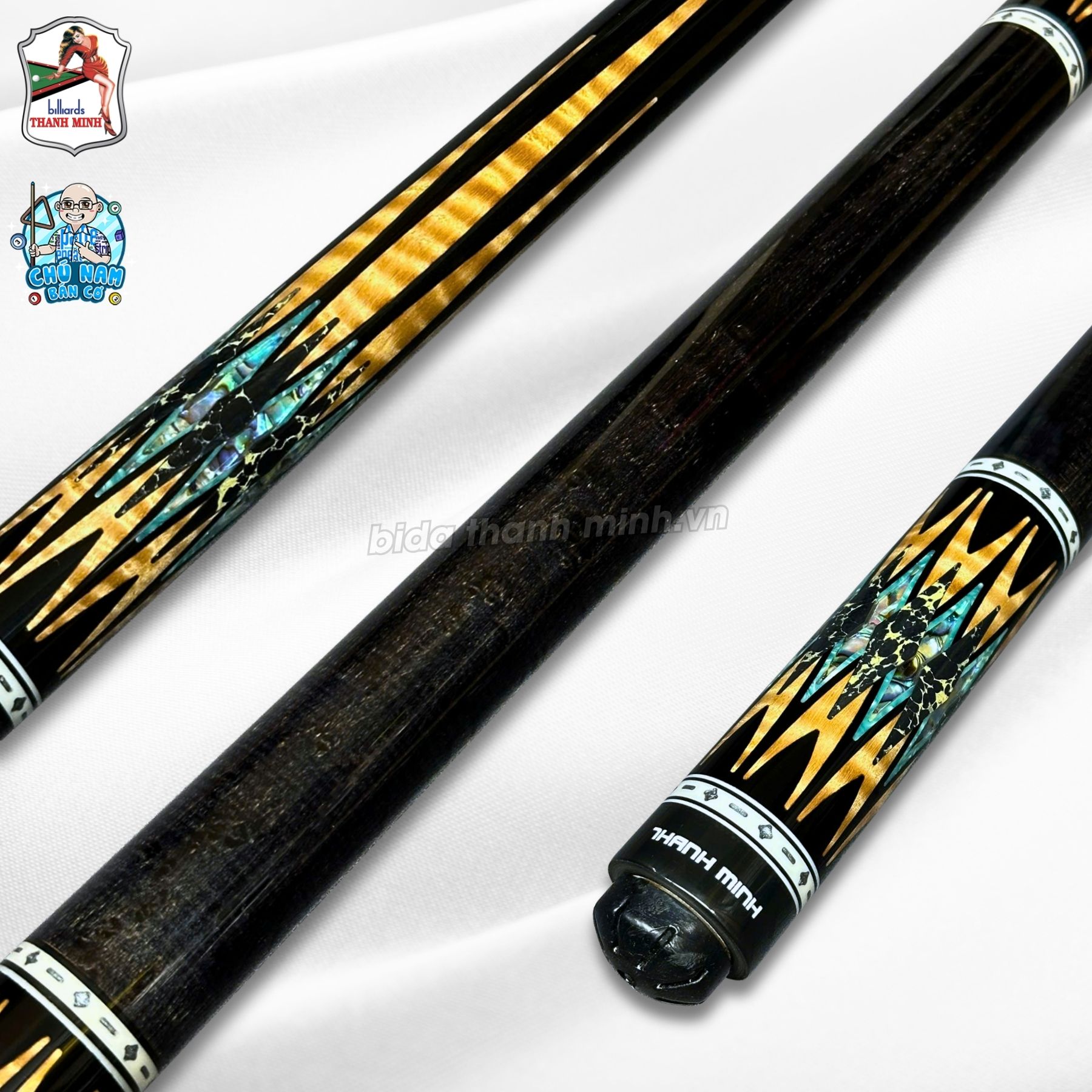 Cán cơ 3 băng Thanh Minh ( Khảm custom Bào ngư - Đá nứt - Curly Maple )