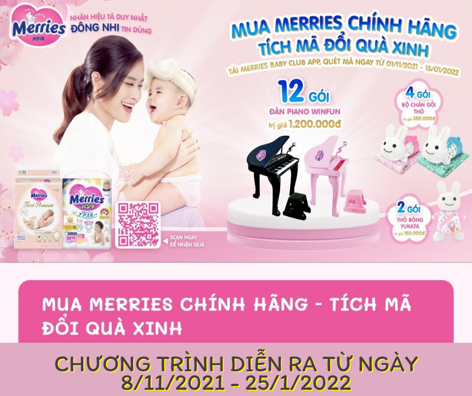 Mua tã Merries chính hãng - Tích mã đổi quà