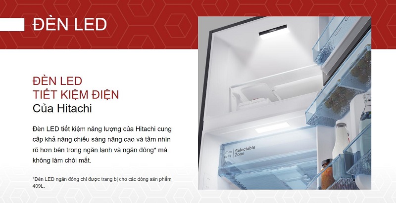 Đèn LED - Tủ lạnh Hitachi 2 cánh ngăn đông trên Inverter 374 lít HRTN6408SGBKVN - Mới 2025 New