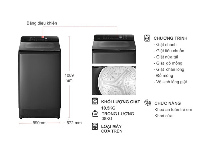 [2024] Máy giặt lồng đứng Hitachi Inverter 10.5 kg LTL H0MVW0T GG, giá tốt