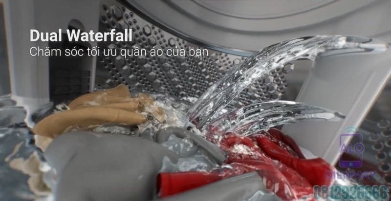 Minh họa công nghệ thác nước đôi Dual Waterfall trên máy giặt Hitachi LTL 15MVW0T GG