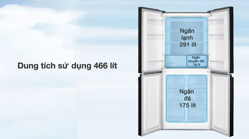 [NEW] Tủ lạnh Hitachi 4 cánh 466 lít&nbsp;HR4N7522DSGBVN, ngăn đá dưới, màu kính đen, giá tốt