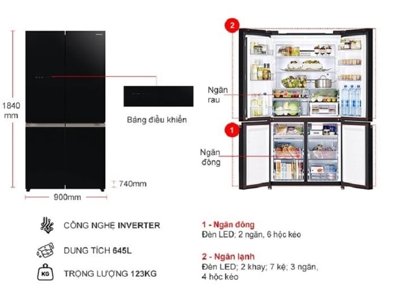 Tủ lạnh 4 cánh Hitachi inverter 645 lít R-WB700VGV4 (GBK) chính hãng giá tốt, model mới 2025
