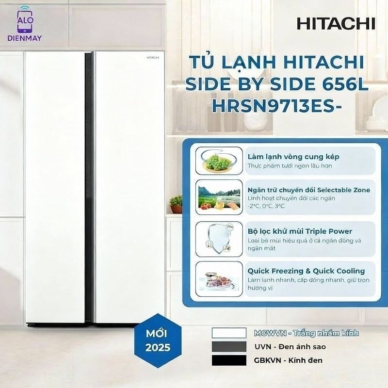 [New] Tủ lạnh Hitachi Side by Side 2 cửa 656L HRSN9713ESMGWVN màu trắng nhám, giá tốt