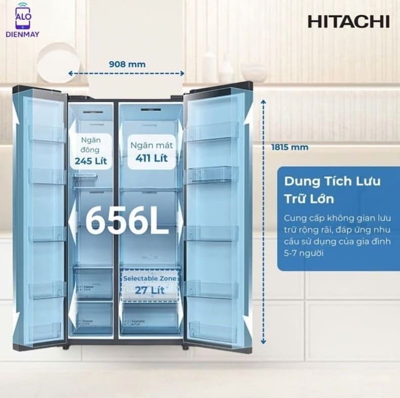 Tủ lạnh Hitachi Side by Side 2 cửa 656L HRSN9713ESUVN màu đen ánh sao - DUng tích lớn