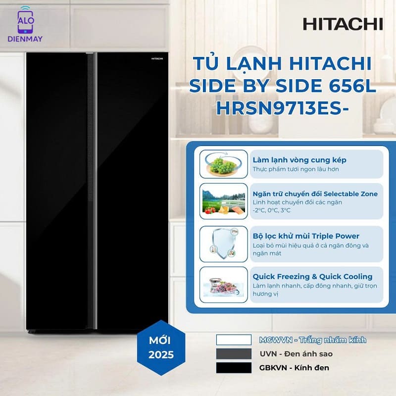 [New] Tủ lạnh Hitachi Side by Side 2 cửa 656L HRSN9713ESGBKVN màu kính đen, giá tốt