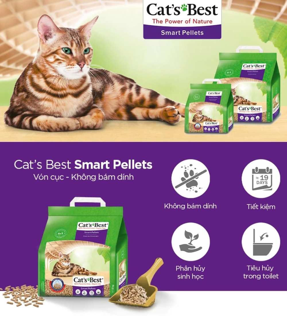 Cát vệ sinh hữu cơ vón cục cho mèo lông dài Cat’s Best Smart Pellets