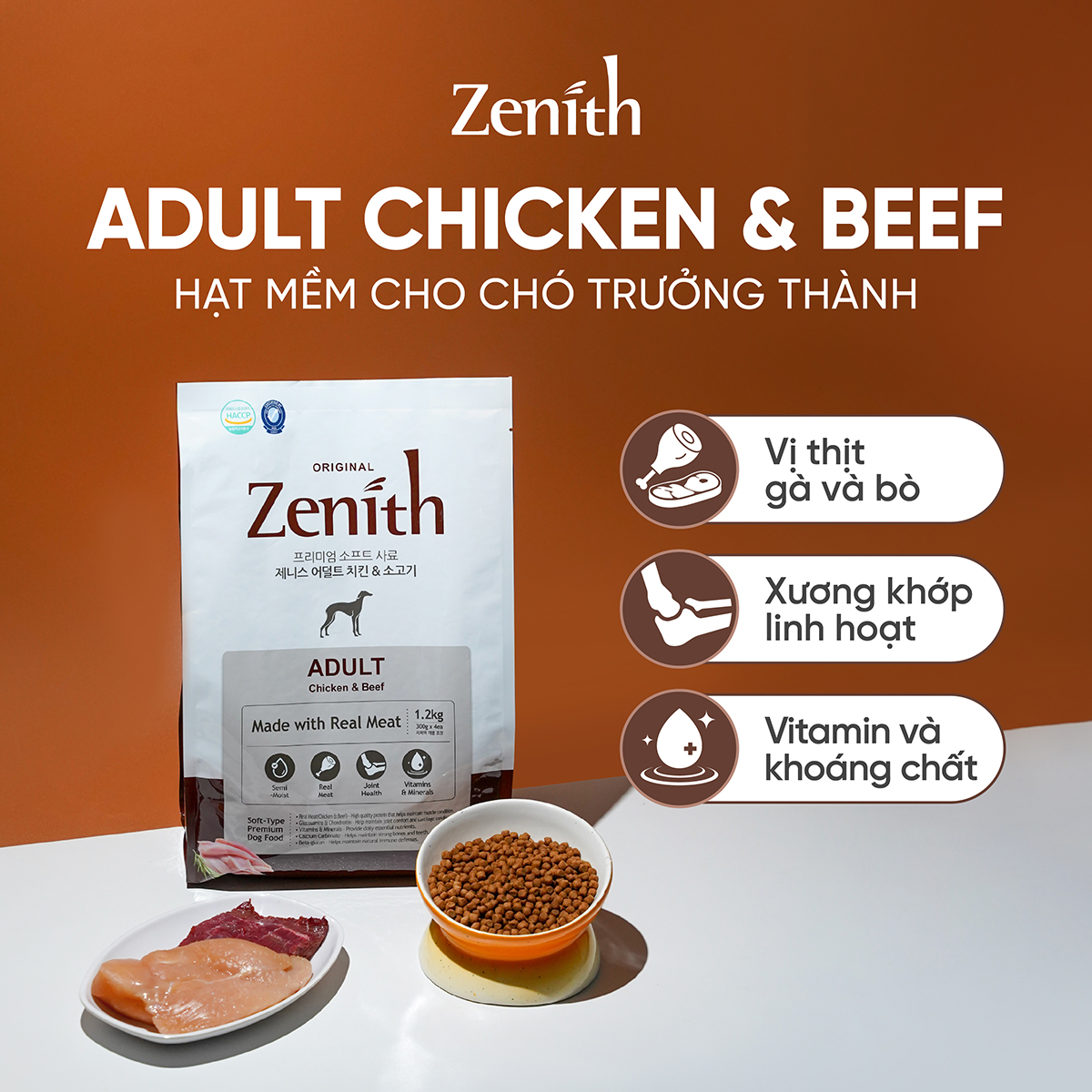 Thức ăn hạt mềm Zenith Thịt gà & bò cho chó trưởng thành