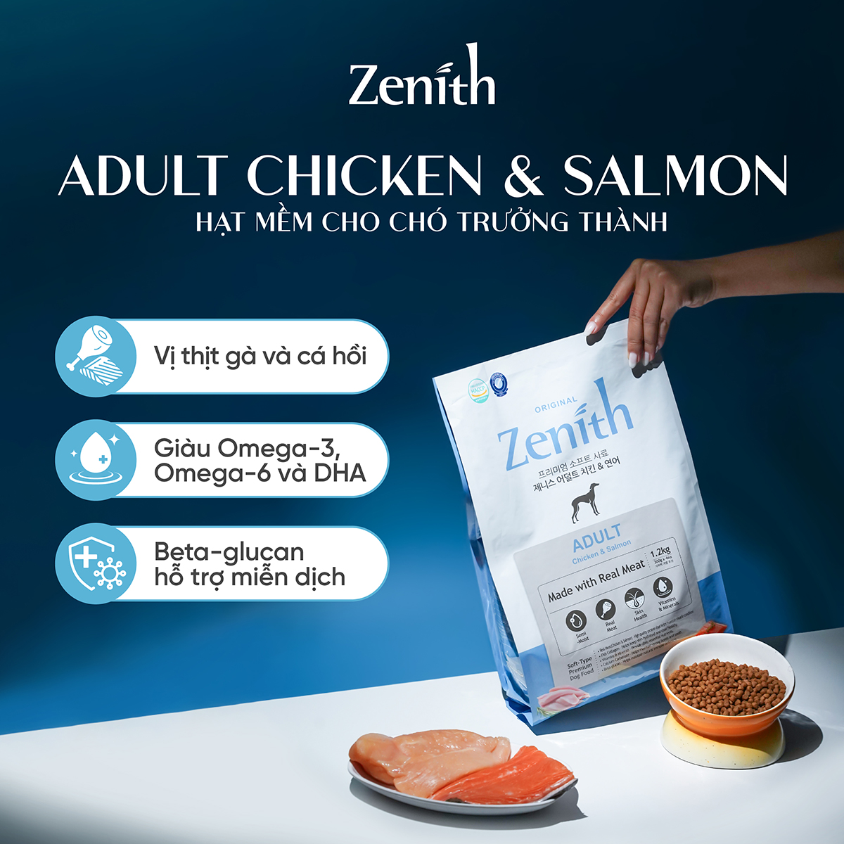 Thức ăn hạt mềm Zenith Thịt gà & cá hồi cho chó trưởng thành