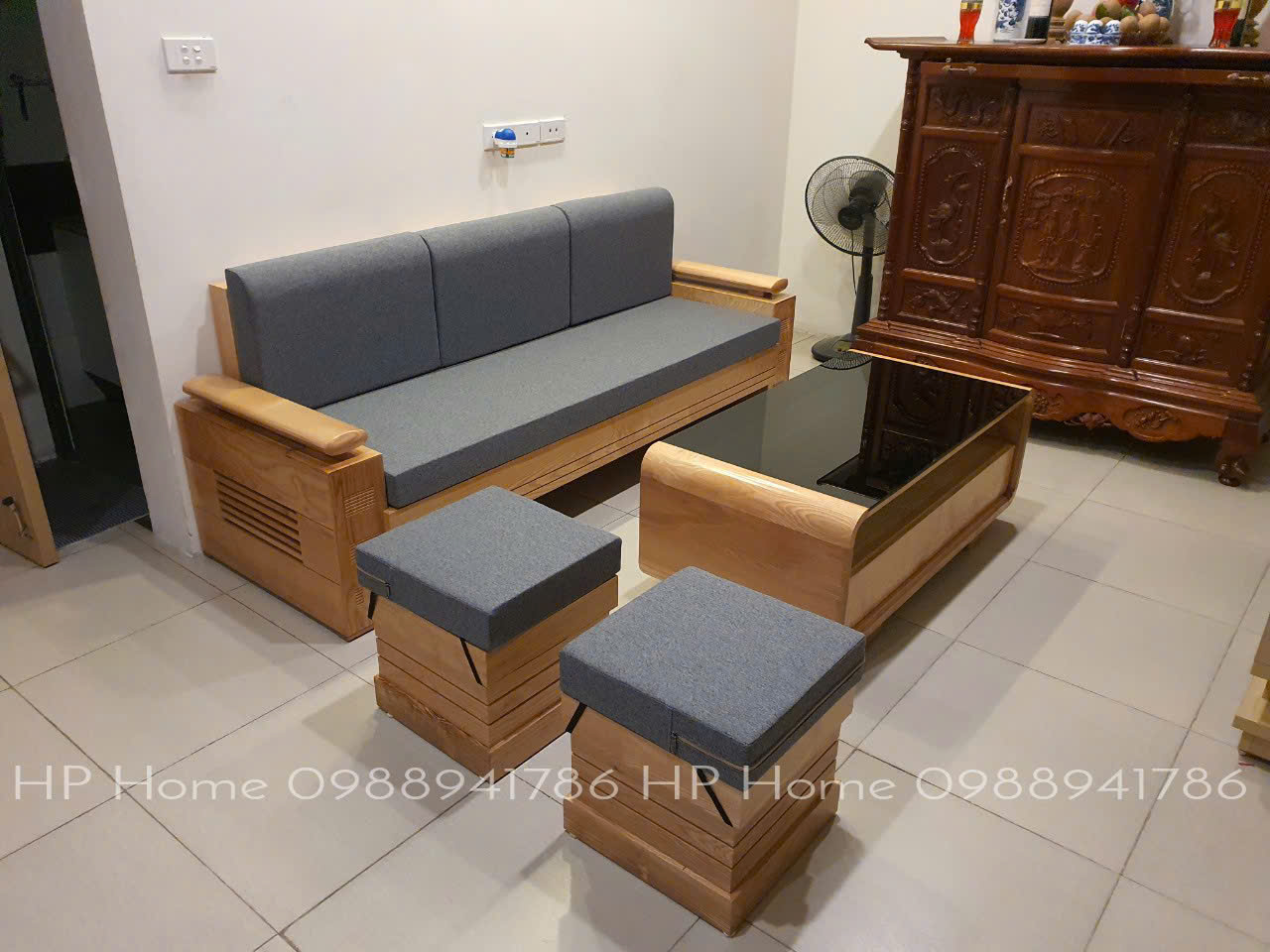sofa văng trứng màu sáng ( đệm nỉ ghi)
