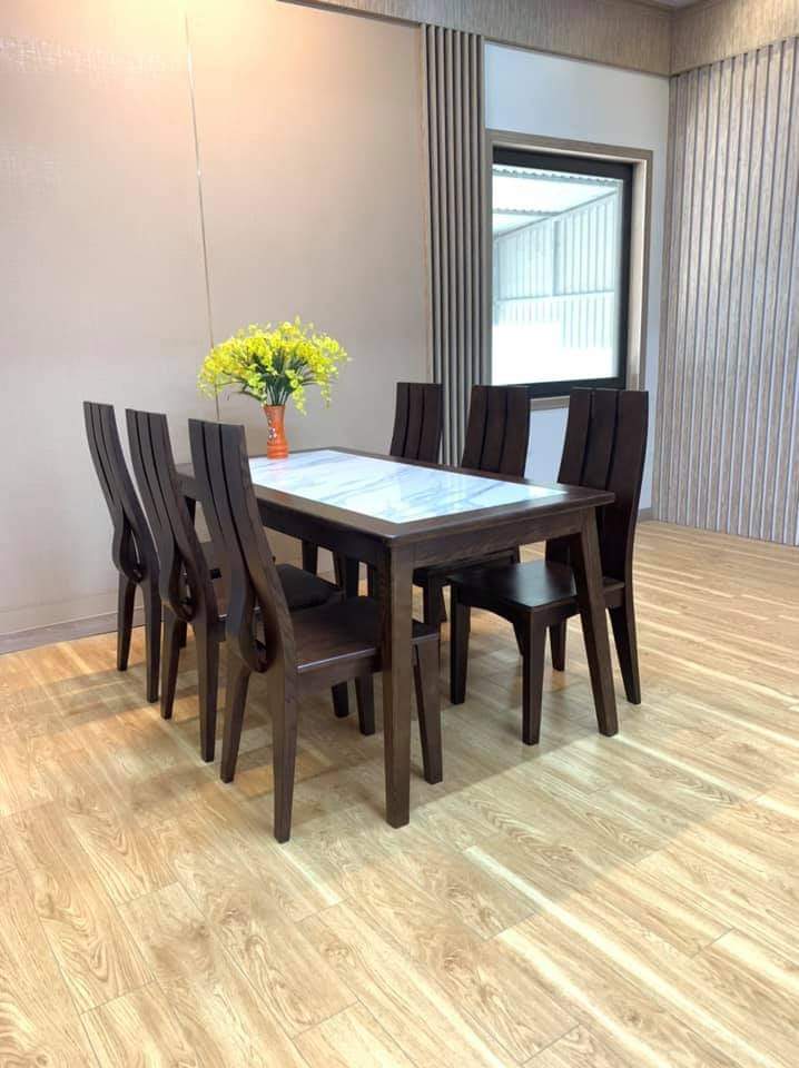 Bàn ăn chân côn mặt đá 6 ghế  tựa cao 3 lá gỗ sồi
