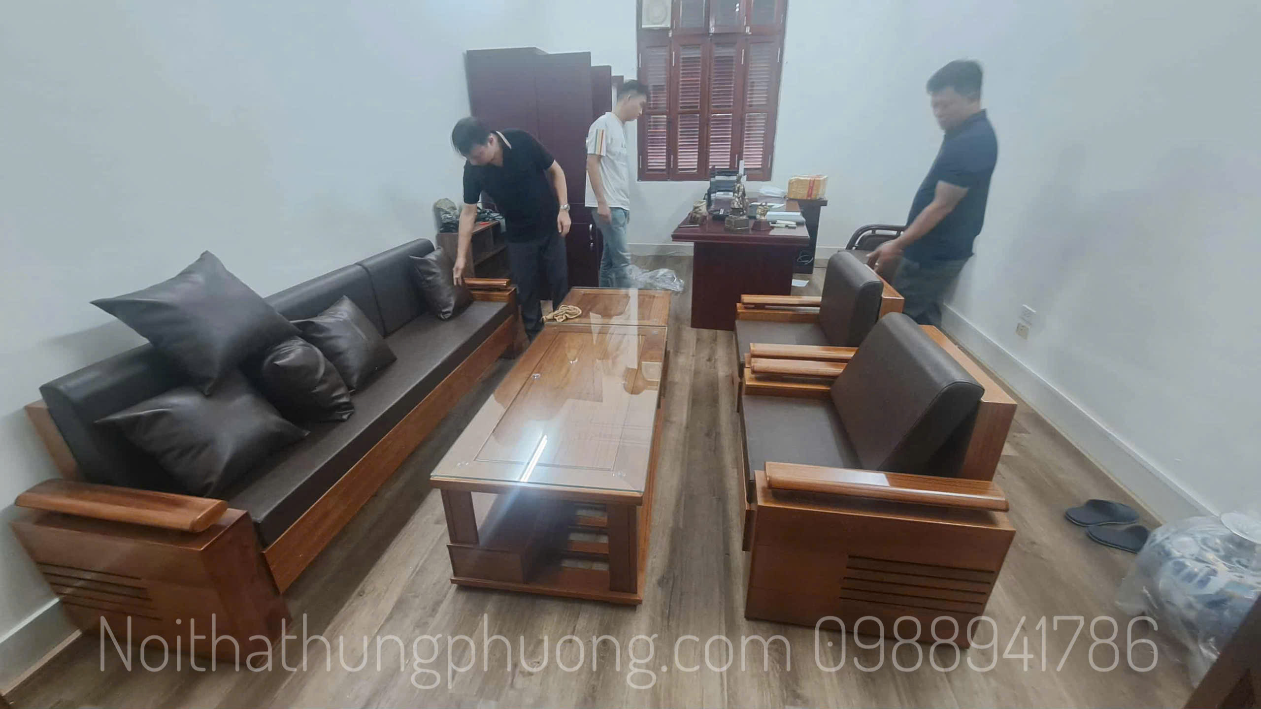 Sofa đối gỗ xoan đào kèm đệm+ gối da