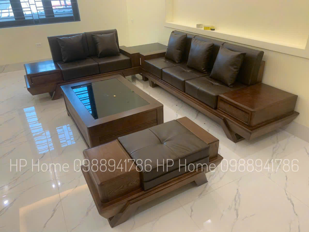 Sofa 2 văng chân thuyền kèm đệm gối da