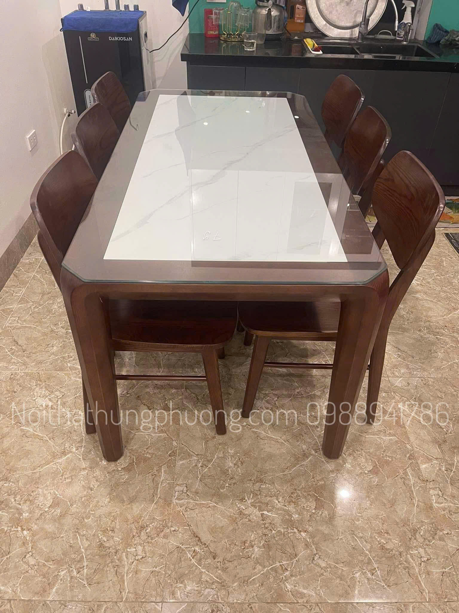 BÀN ĂN 6 GHẾ MẶT ĐÁ+ KÍNH
