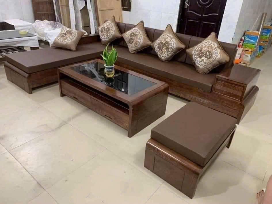 Sofa góc L chân uốn ( kèm đệm da + kính )