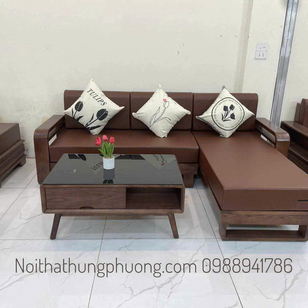 Sofa nan góc L kèm đệm da