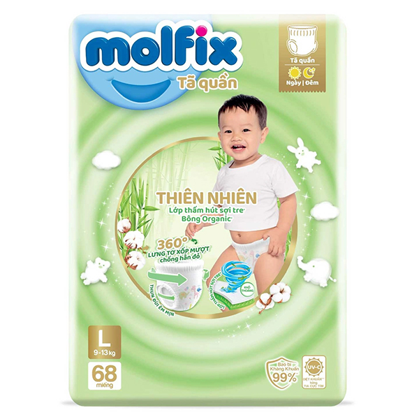 Bỉm - Tã quần Molfix thiên nhiên size L 68 miếng (9-13kg) - (giao bao bì ngẫu nhiên)