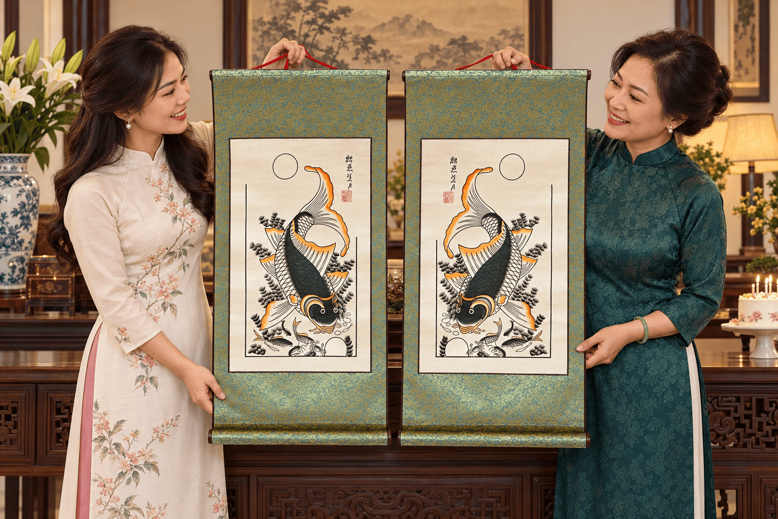 Cặp tranh Lý Ngư Vọng Nguyệt làm quà sinh nhật cho người yêu trang trí nhà