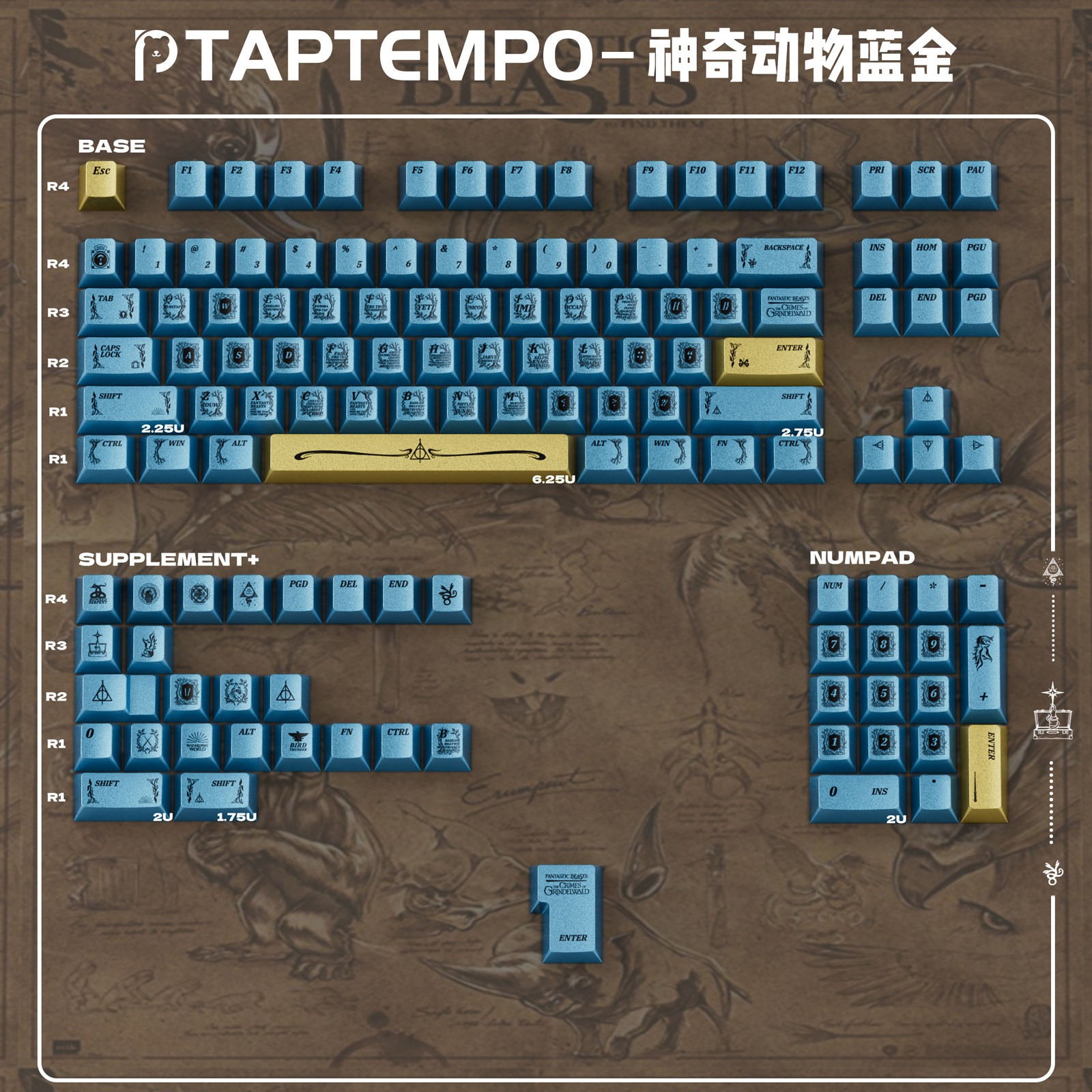 [In Stock] Keycap Cherry TapTempo Blue Gold Metal PBT Dyesub
