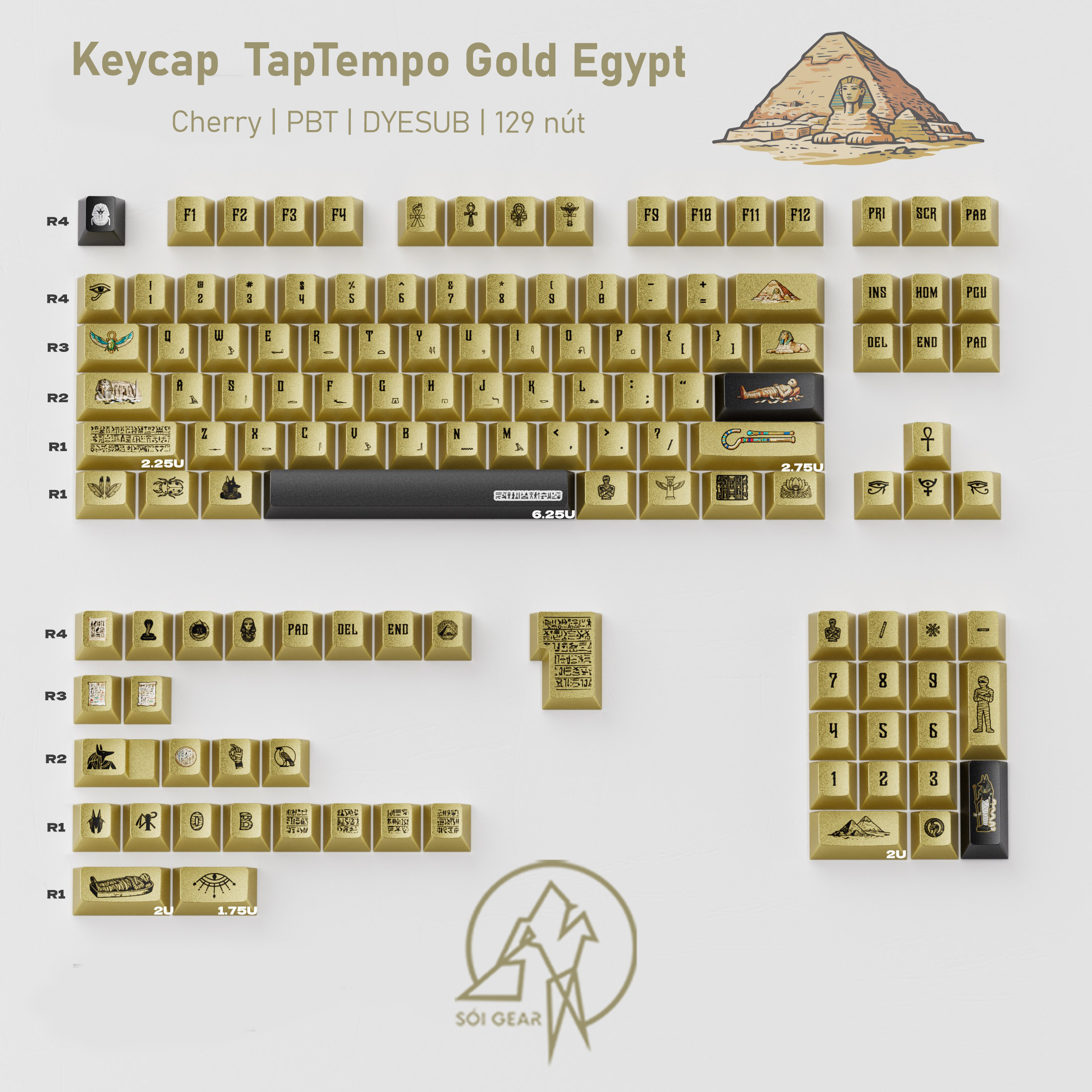 [In Stock] Keycap Cherry TapTempo Gold Egypt PBT Dyesub