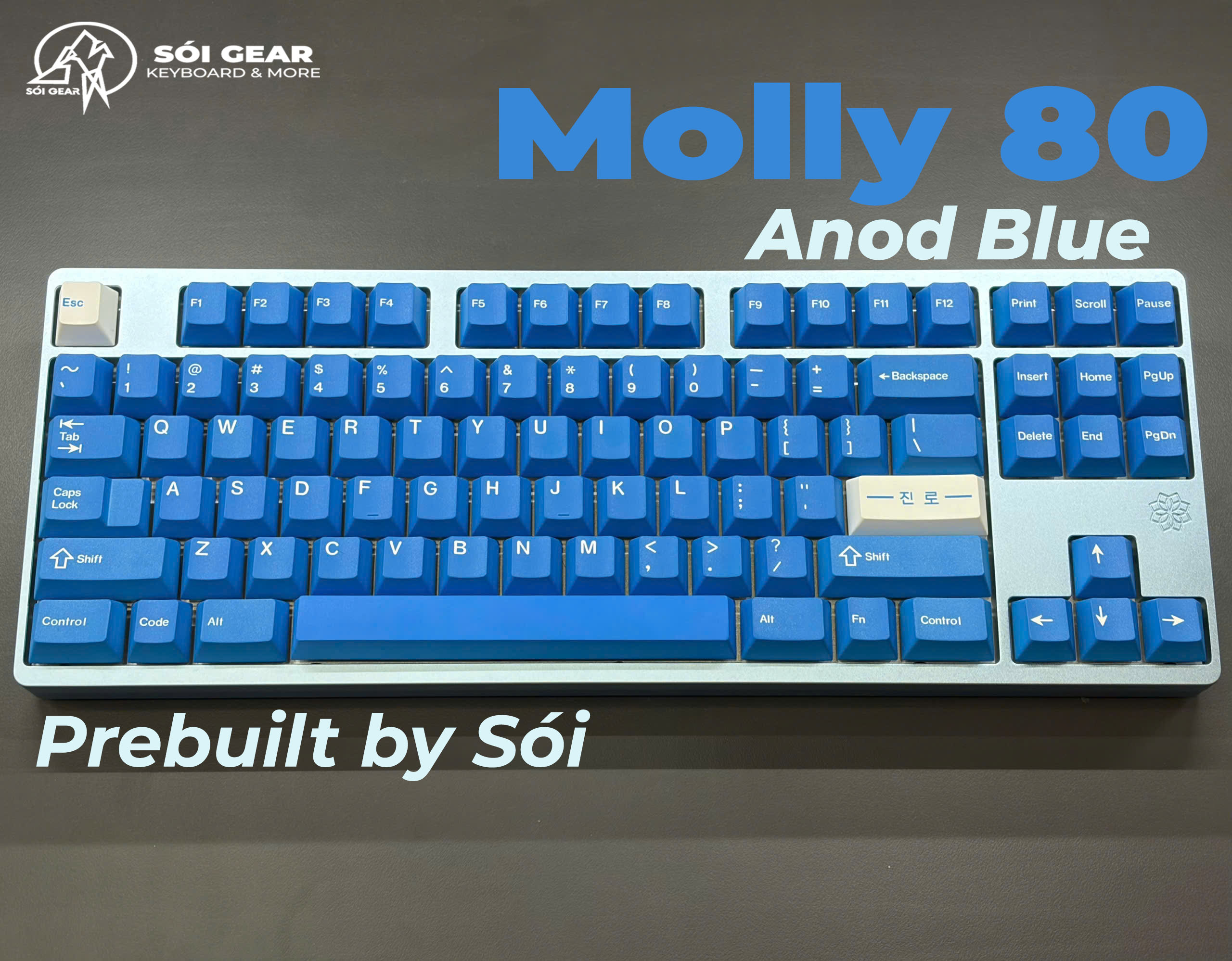 [Prebuilt by Sói] Molly80 Keyboard Kit - Anod Blue WK - Logo - Tạ hoa văn - KC Walker Soju - Gateron Strawberry Smoothie