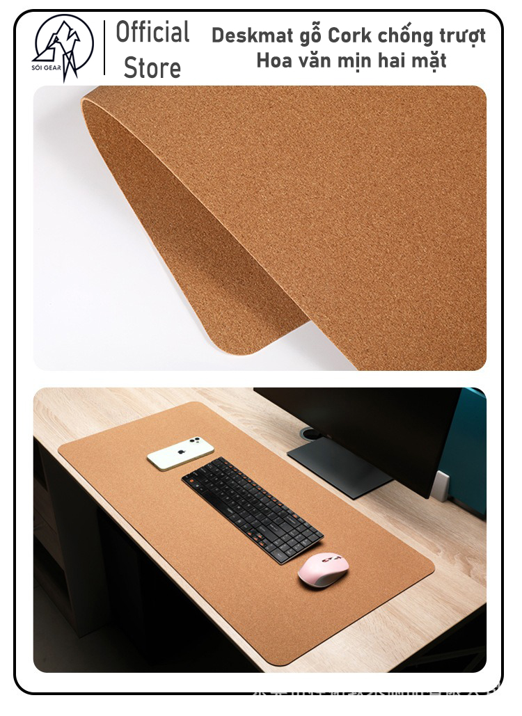 Deskmat gỗ Cork chống trượt - Hoa văn mịn hai mặt
