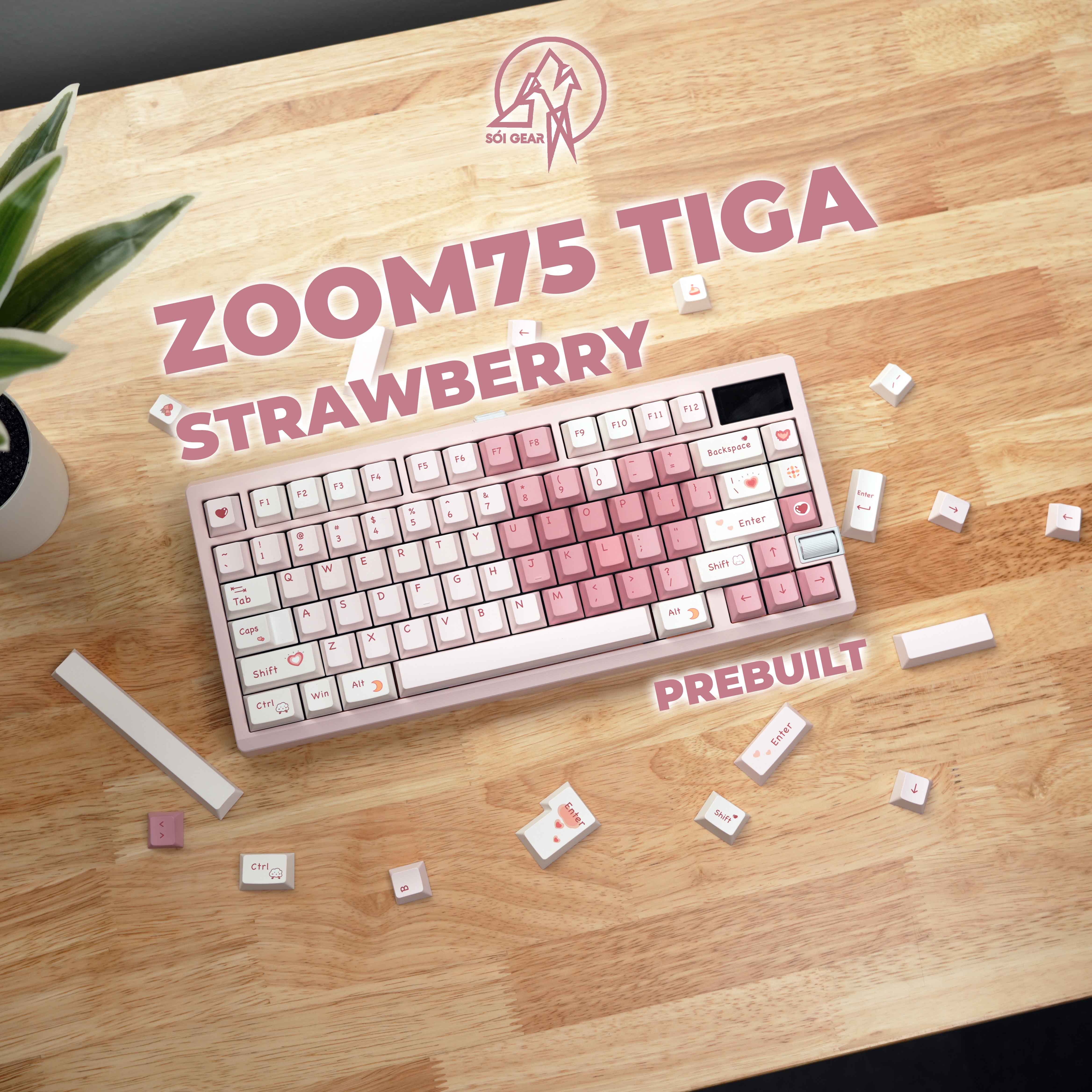 [Prebuilt by Sói] Zoom75 Tiga - Strawberry - Keygeek Full Nylon - Mintcaps Trái tim hồng