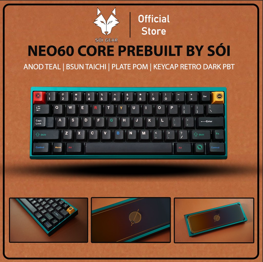 [Prebuilt by Sói] Neo60 Core Anod Teal - Tạ Mirror Dusk - 3 Mode HS PCB - Switch Bsun Taichi - Keycap Retro Dark PBT
