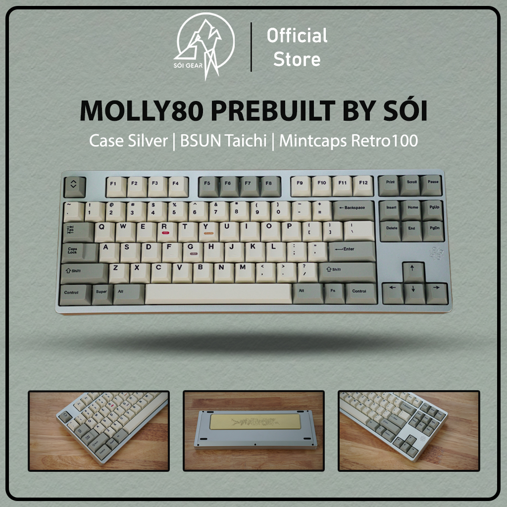 [Prebuilt by Sói] Molly80 Silver - Switch BSUN Taichi - Keycap Mintcaps Retro100