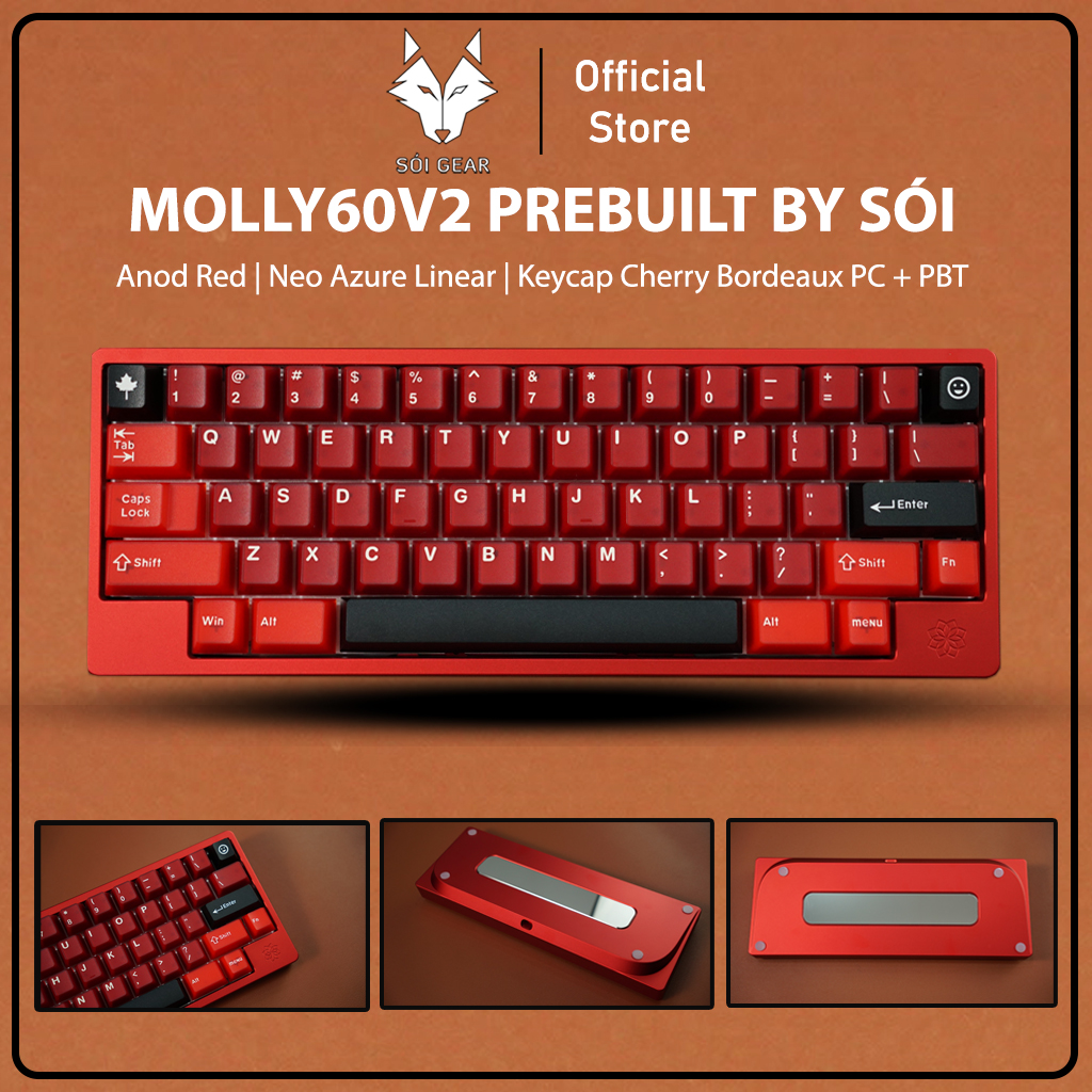 [Prebuilt by Sói] Molly60v2 - Anodized Red - HHKB - Switch Neo Azure Linear - Keycap Cherry Bordeaux PC + PBT