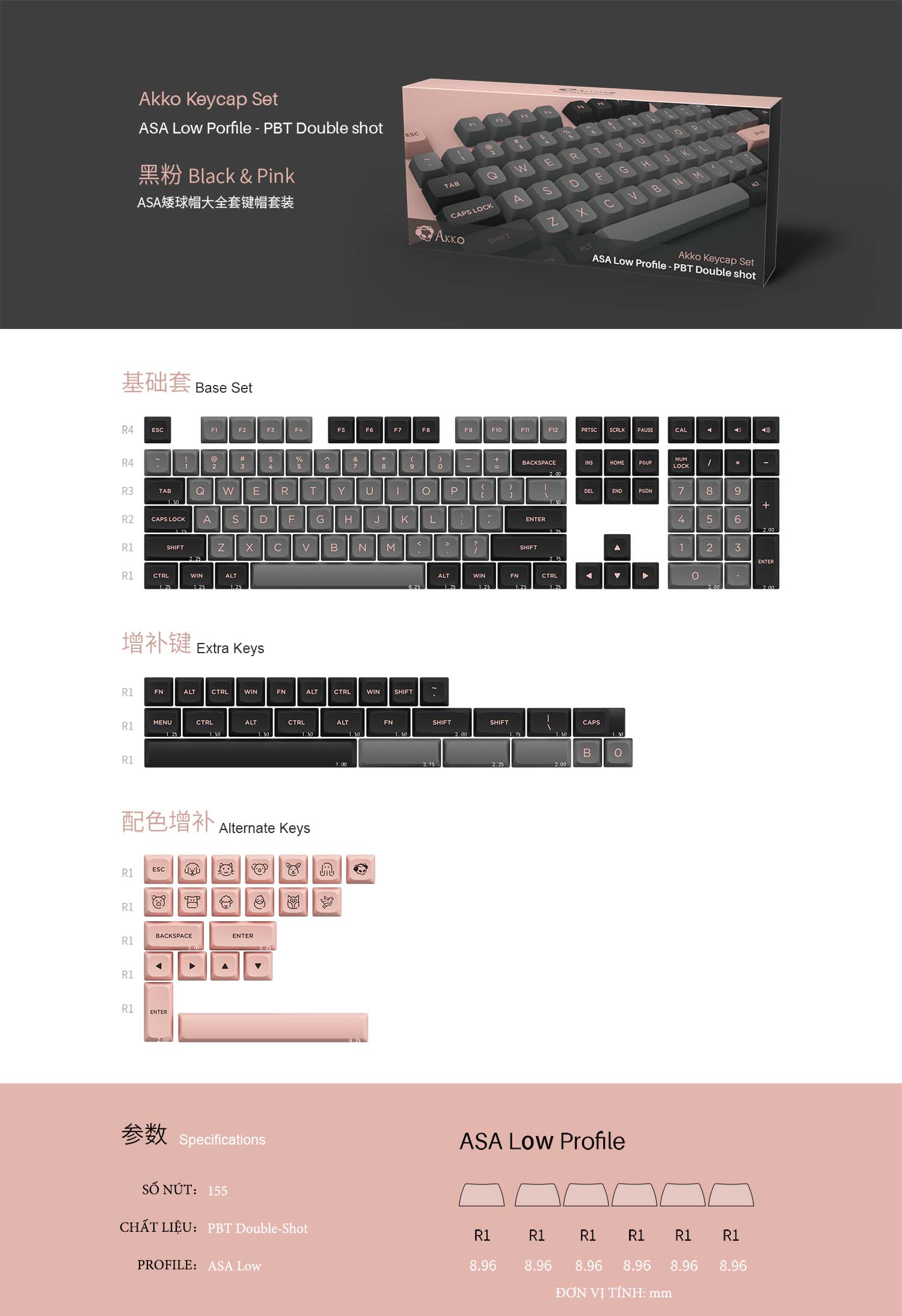 Keycap AKKO set – Black Pink (PBT Double-Shot/ASA Low profile/155 nút)