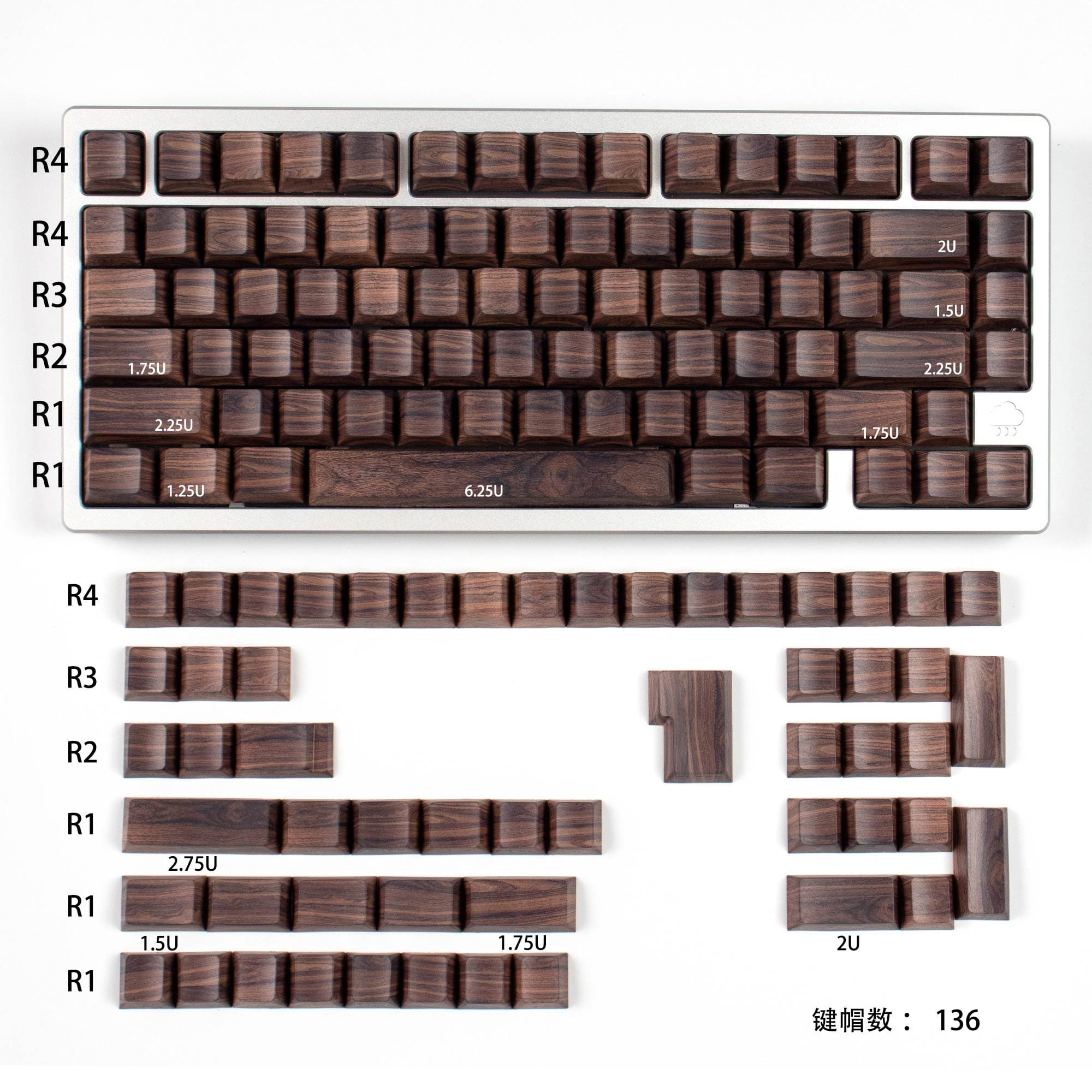 Keycap Cherry Walnut PBT Dyesub Xuyên Led