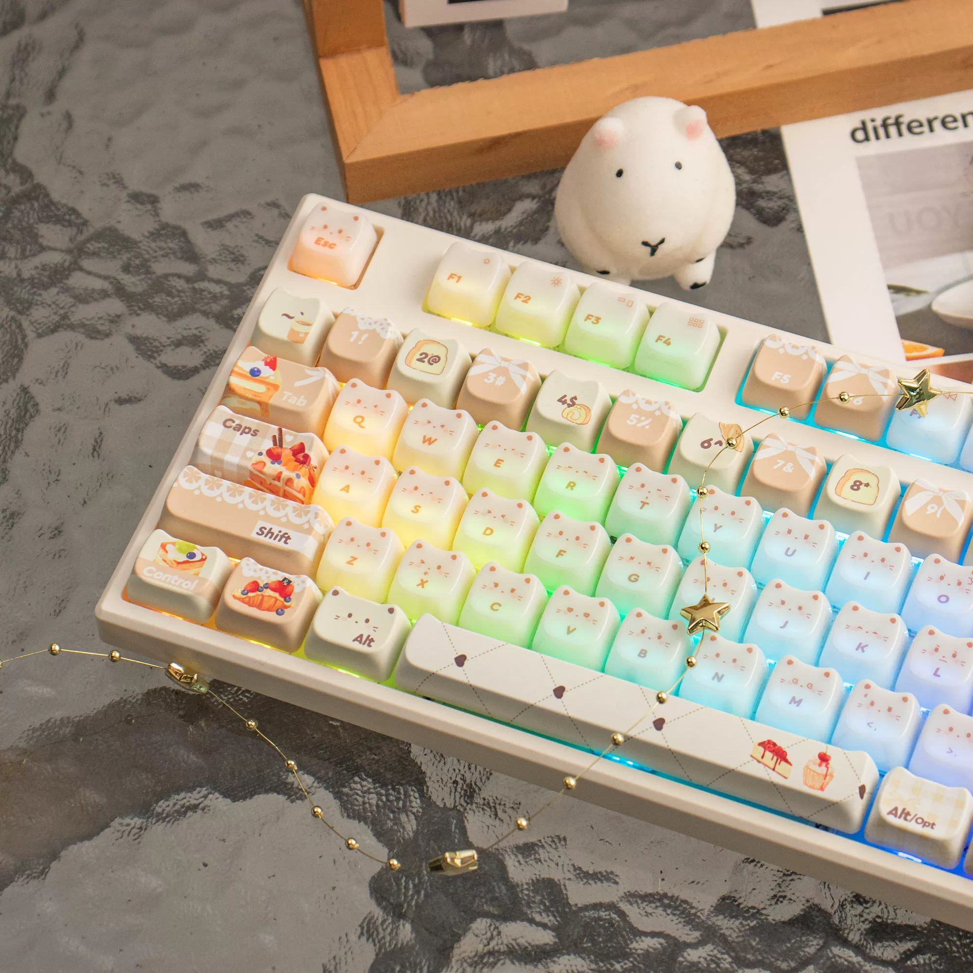 Keycap Mintcap Baking Cat MAO PBT+PC Xuyên Led