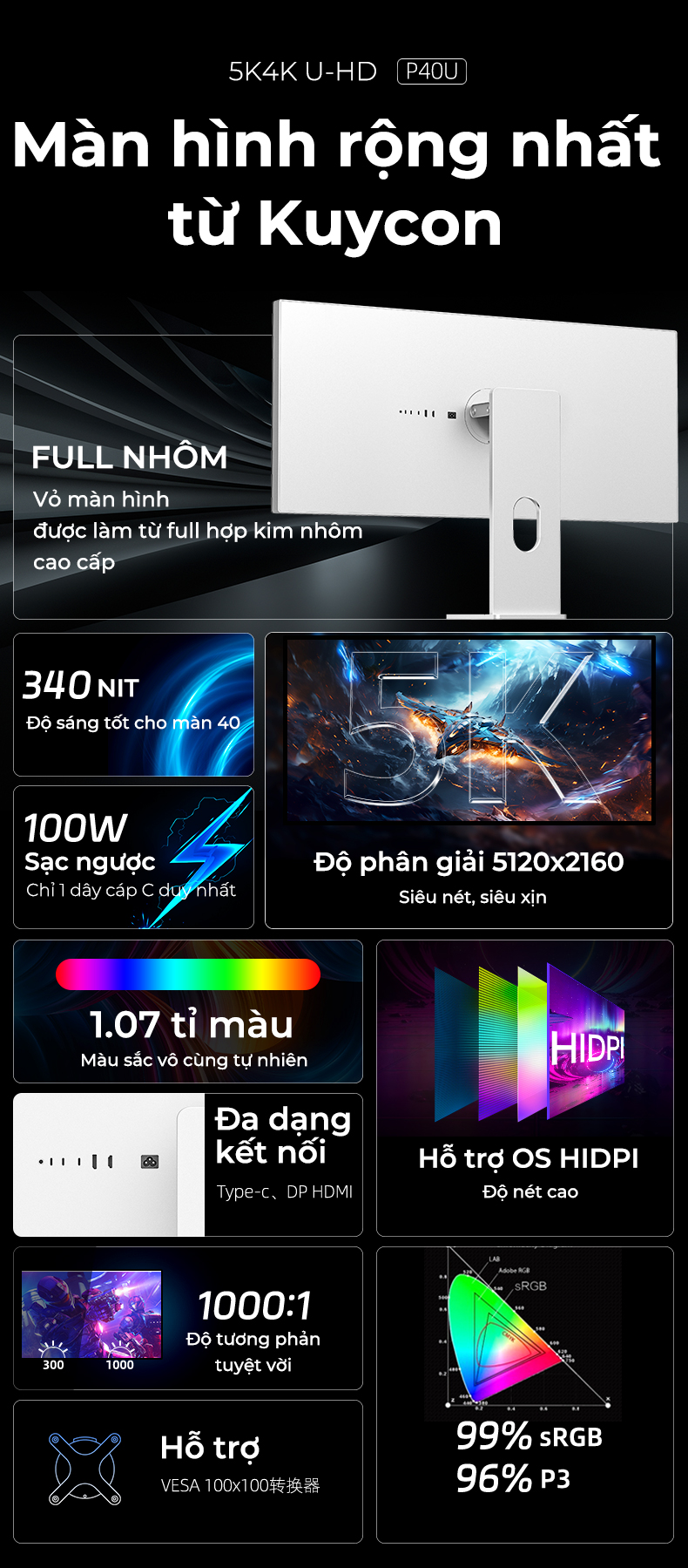 Màn hình Kuycon IPS 5K4K 60Hz 40 Inch P40U
