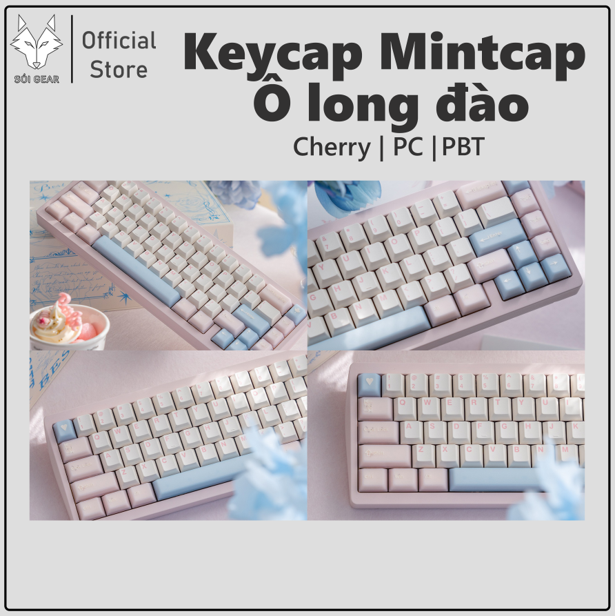 Keycap Cherry Ô long đào PC + PBT Mintcaps