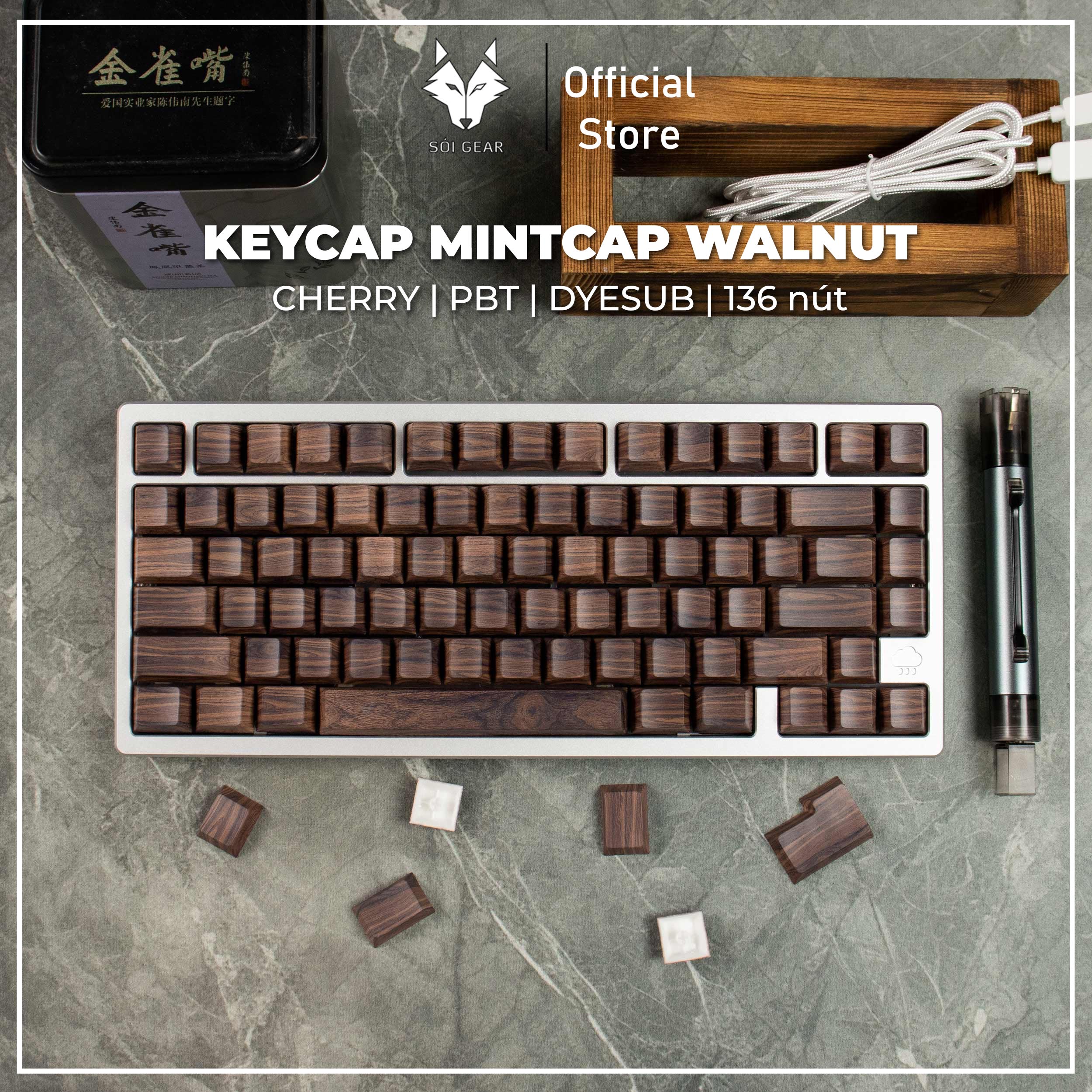 Keycap Cherry Walnut PBT Dyesub Xuyên Led