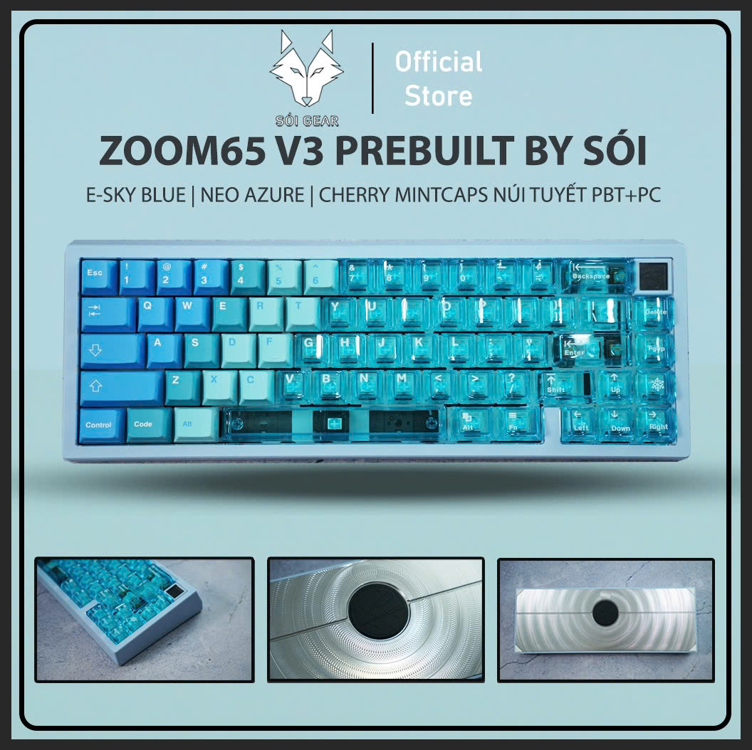 [Prebuilt by Sói] Zoom65 V3 - E-Sky Blue - Silver Chamfer - Neo Azure - Mintcaps Núi Tuyết - Xanh Trời Full