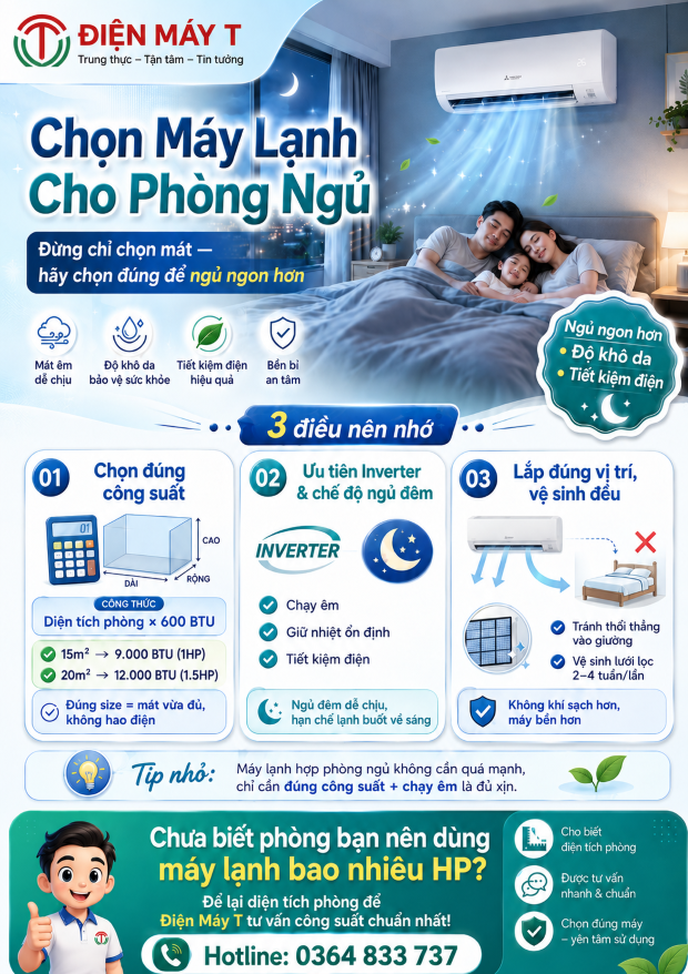 “Cách chọn máy lạnh cho phòng ngủ tiết kiệm điện, ngủ ngon hơn mỗi đêm