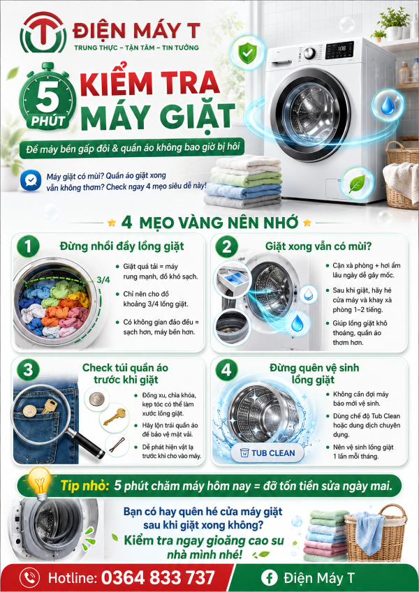 “Mẹo sử dụng máy giặt bền lâu, quần áo không bị hôi sau khi giặt”.