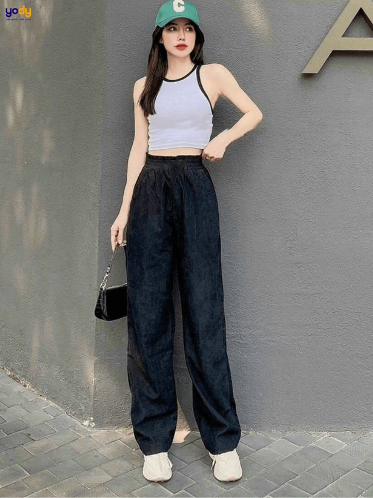 Quần nhung tăm ống rộng phối áo ba lỗ