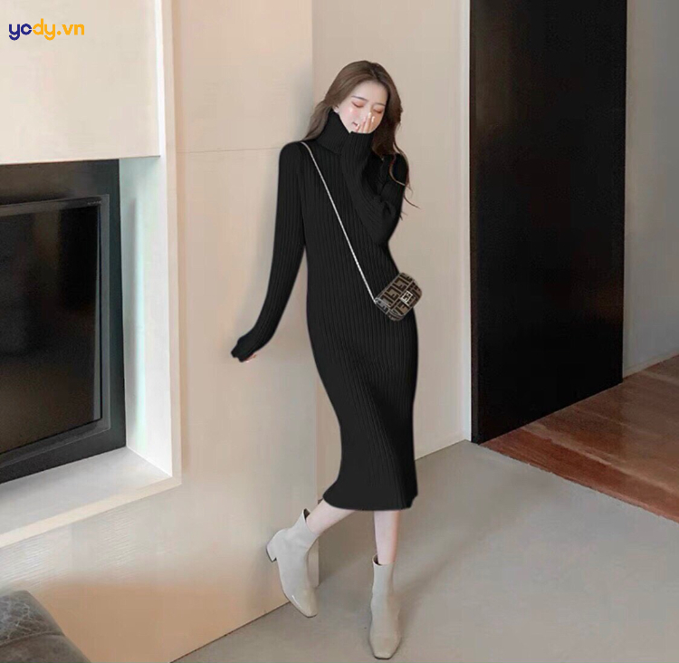 Áo đầm tay dài sang trọng chất liệu len ấm áp