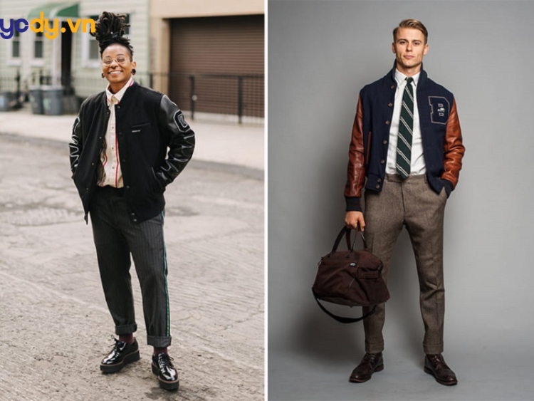varsity jacket, áo sơ mi và quần tây