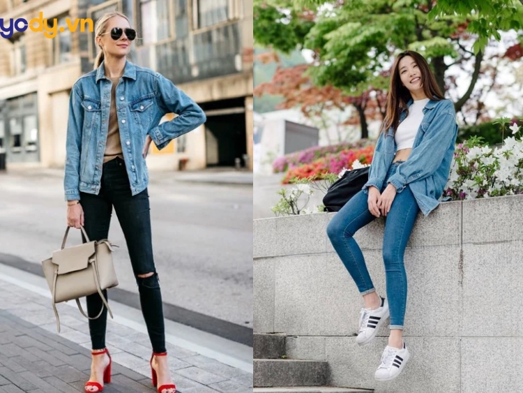 Áo khoác jean form rộng kết hợp với áo thun và quần jean