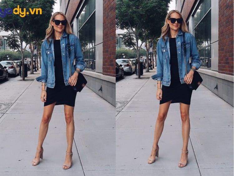 Áo khoác jean rộng kết hợp với váy ôm body