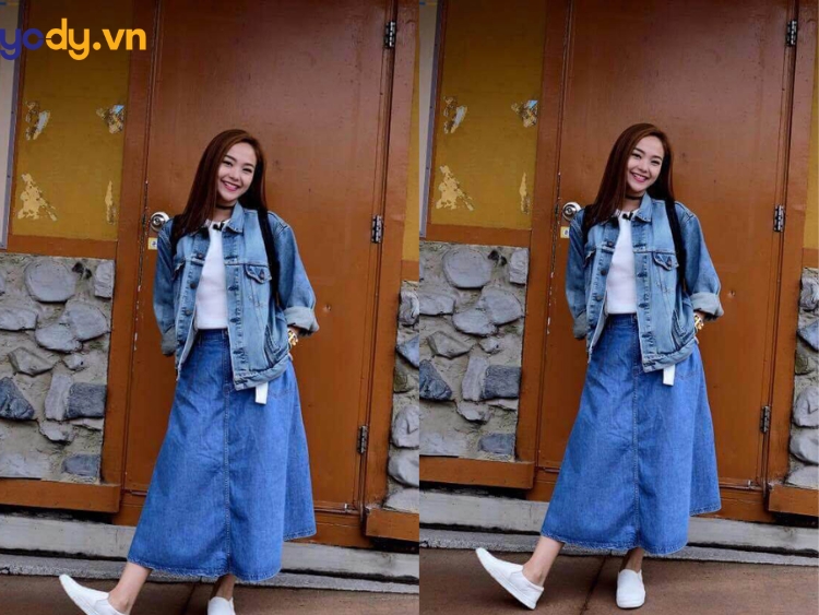 Áo khoác jean rộng kết hợp chân váy jean