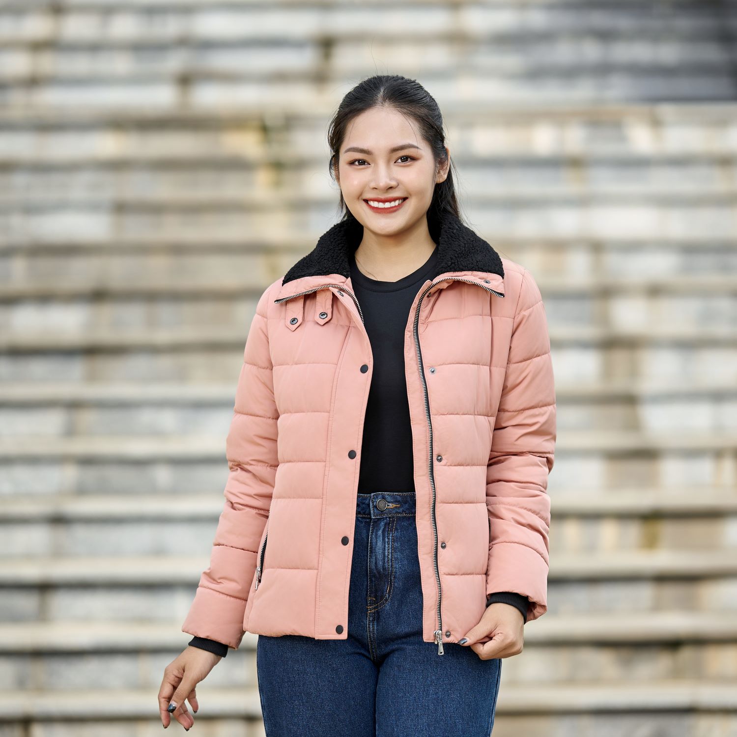 Áo Khoác Phao Nữ Vip Dáng Ôm Cổ Phối Lông