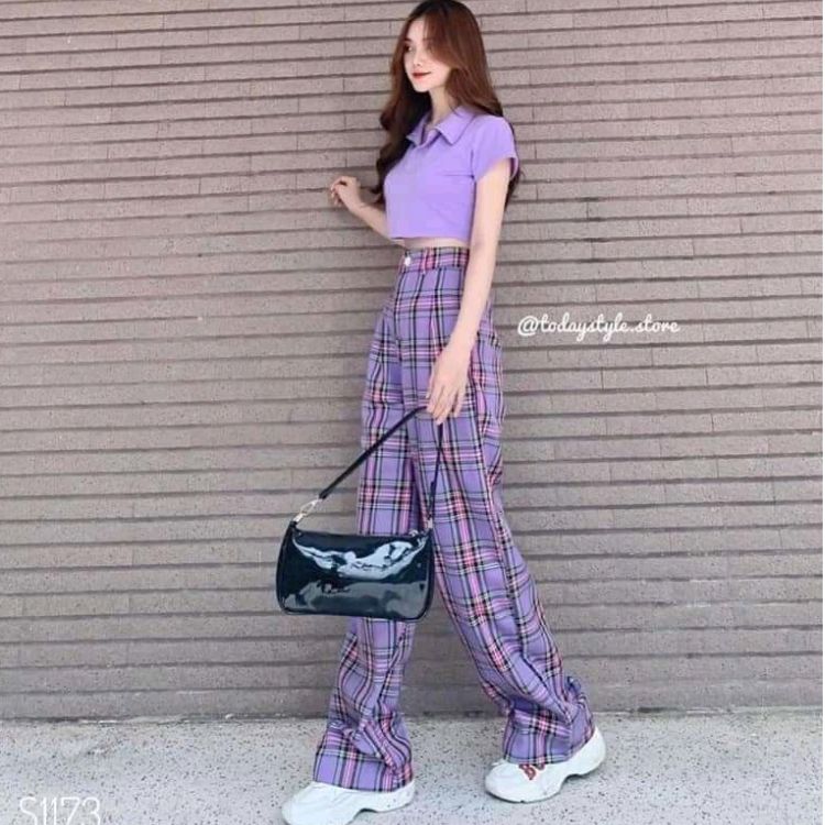 Áo polo phối quần ống xuông caro