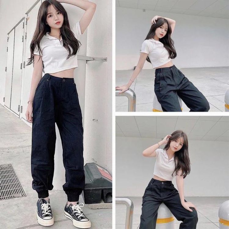 Phối áo polo croptop với quần jogger